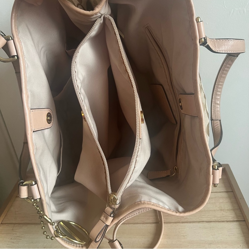 Coach Tan Signature Canvas Tote with Teal Center Stripe - Picture 13 of 16